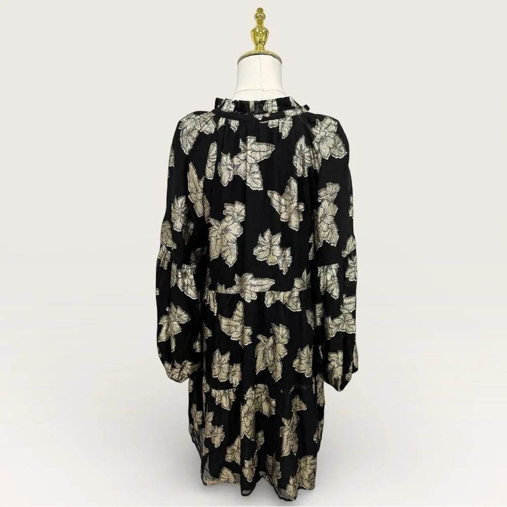 Tommy Bahama Shimmering Shores Long Sleeve Tiered Shift Dress Black Gold NWT